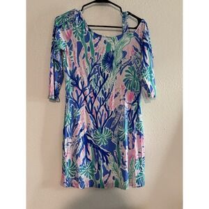 LILLY PULITZER  EUC Asymmetrical neck Knit Dress Coral pattern Size XS